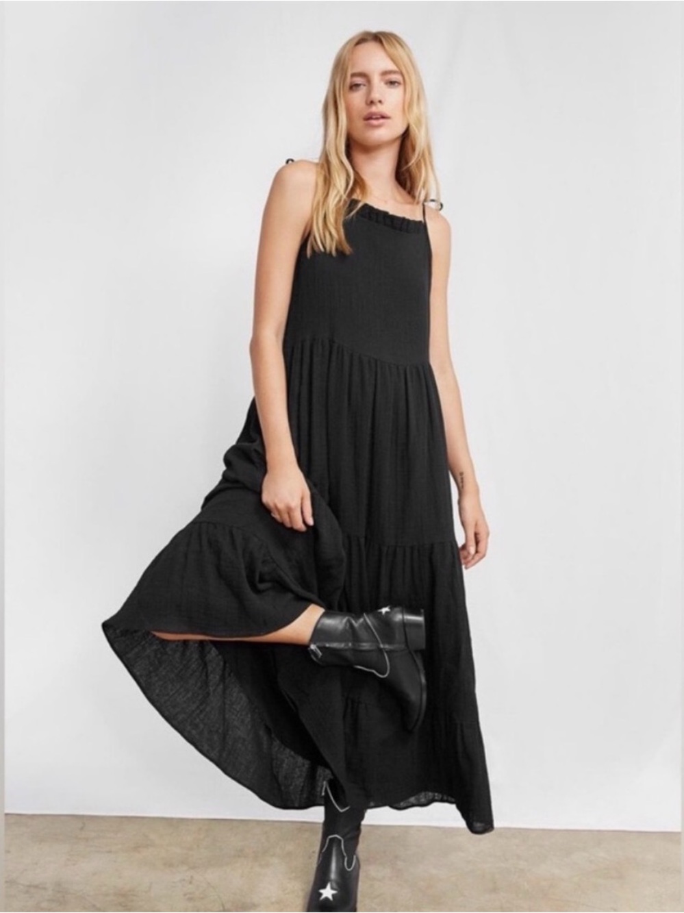 Anine Bing Agnes Tie Shoulder Cotton Maxi Dress Black Medium
